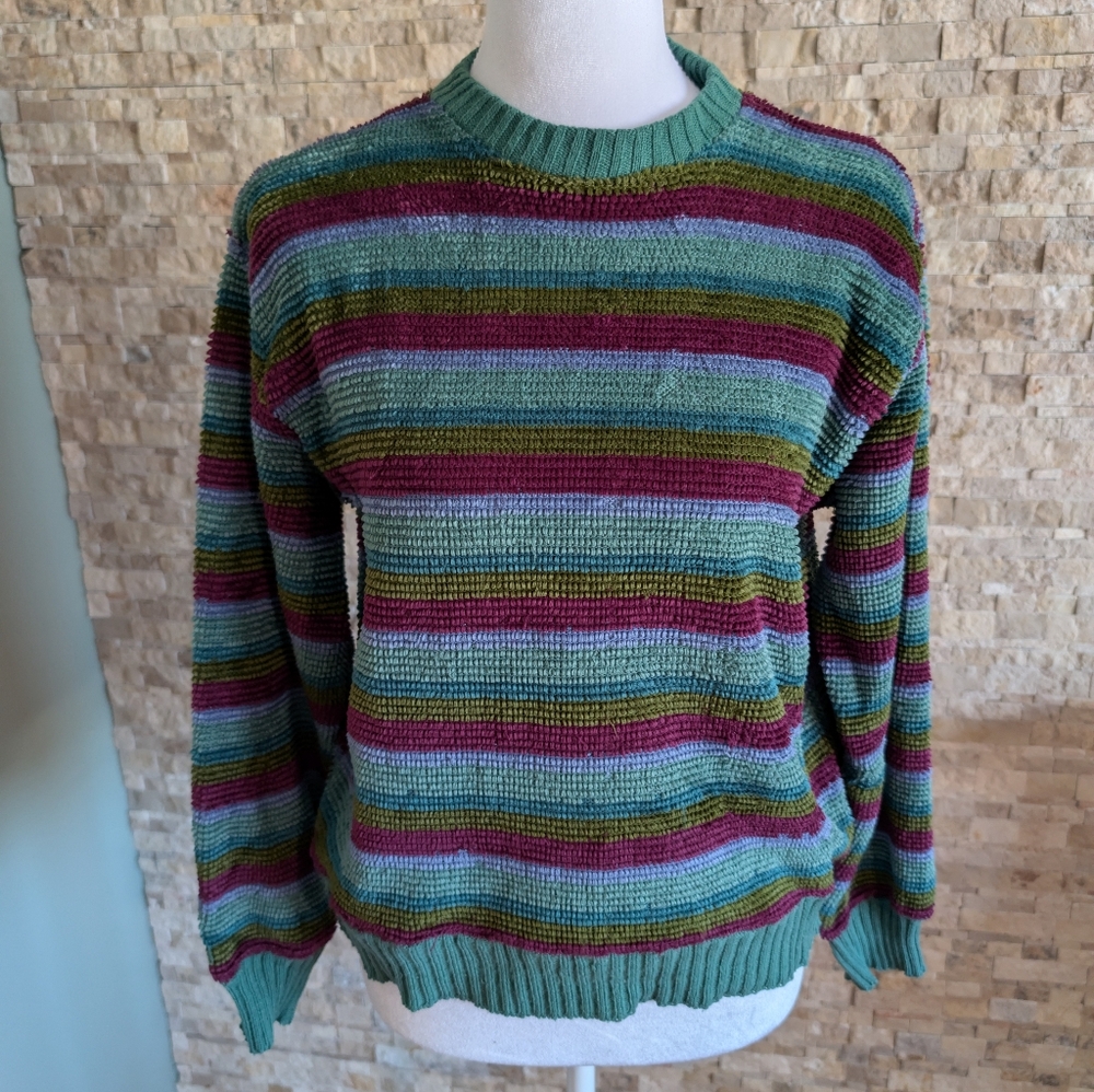 Vintage 1980s Stacey's Things Chenille Striped Sweater Kidcore Retro Cozy Fall M